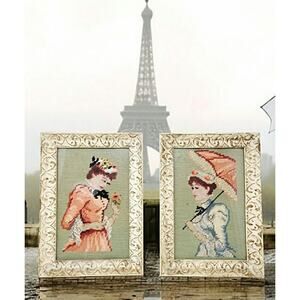 Vintage Needlepoint Circa 1950's Victorian Ladies With Original Frames
